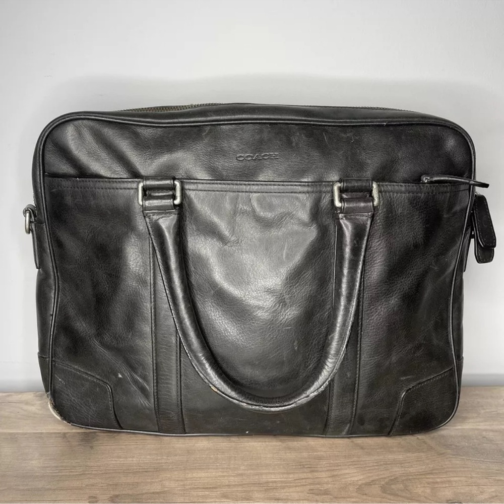Vintage black leather COACH briefcase satchel book bag laptop tote‎